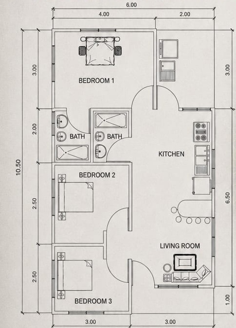 Floor plan, three-bedroom design