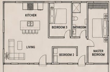 Floor plan, open-plan three-bedroom design