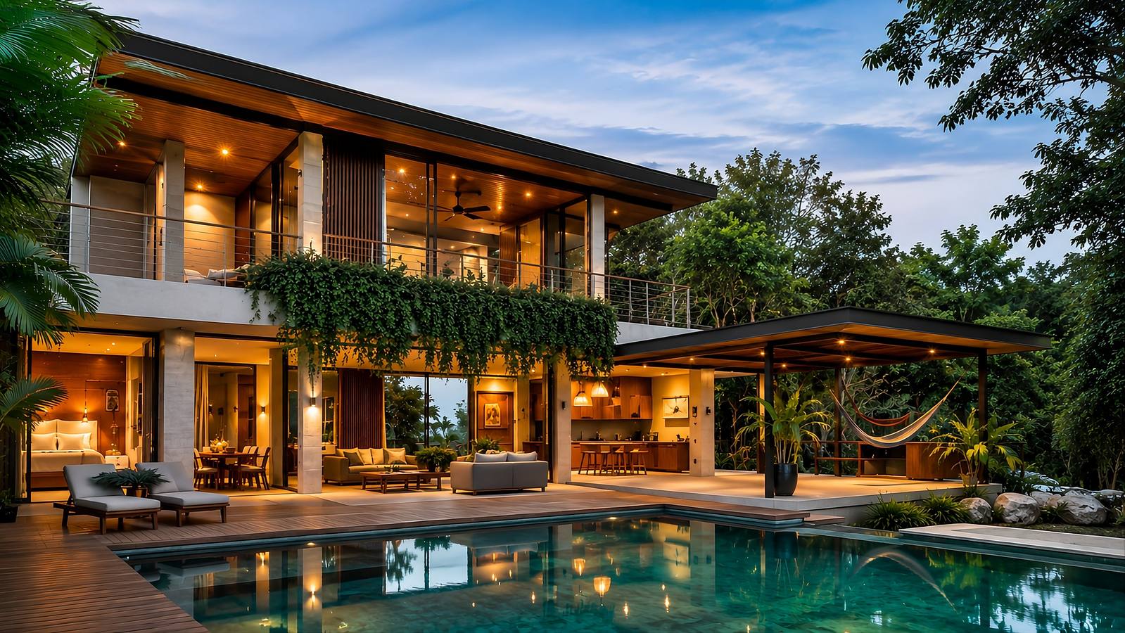 Concept visualization of a luxury tropical home with pool and open-plan living, in the style Quality Homes By The Black Sheep builds in Costa Rica