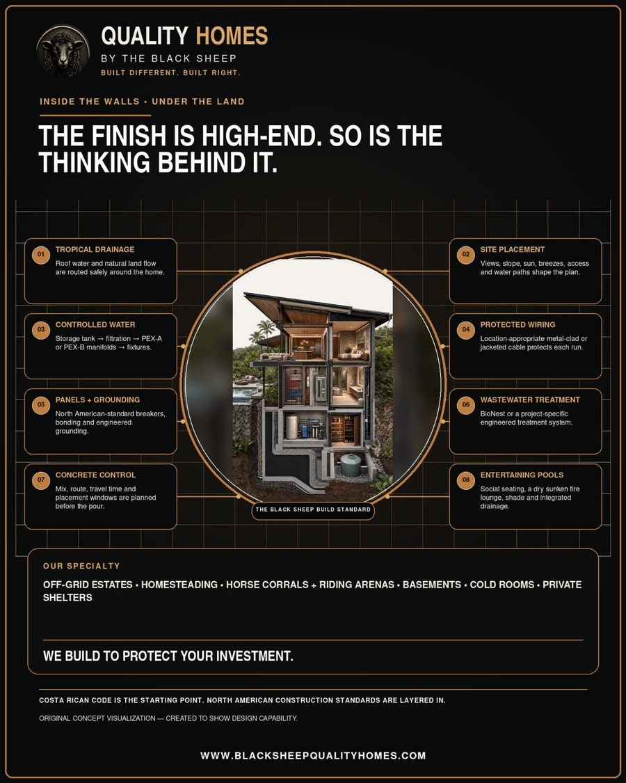 The Black Sheep build standard — inside the walls, under the land. Quality Homes By The Black Sheep Costa Rica