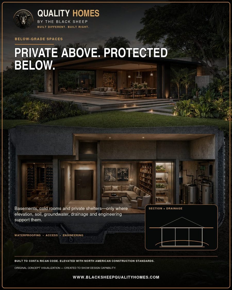 Below-grade spaces — basements, cold rooms and private shelters. Quality Homes By The Black Sheep Costa Rica